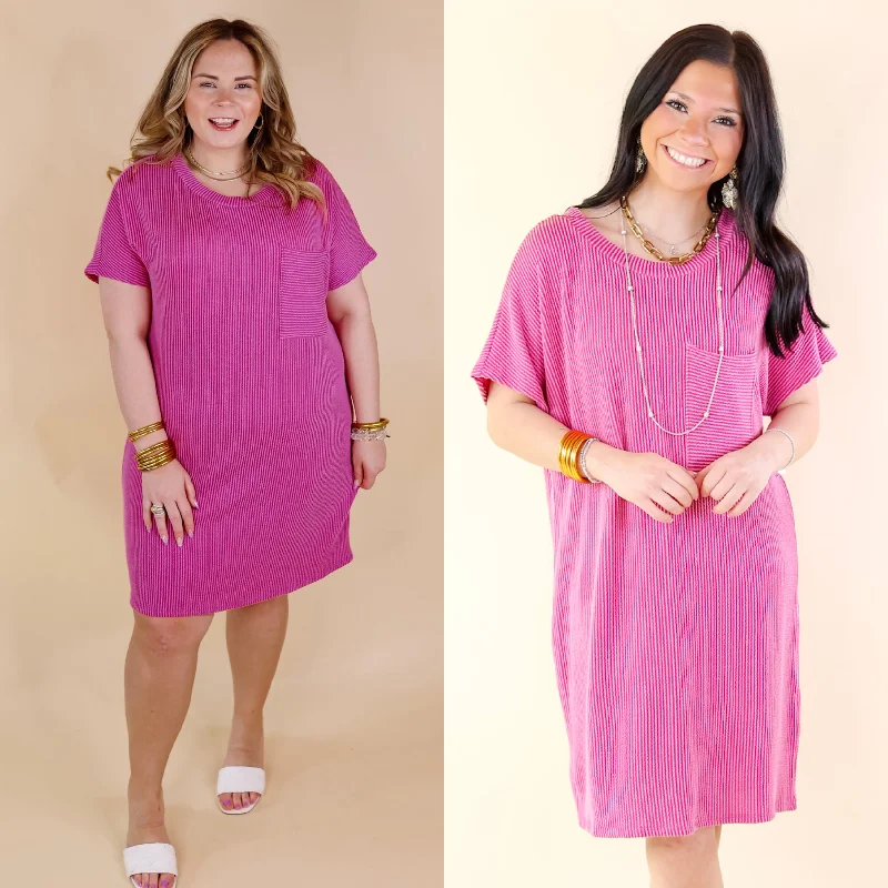 short sleeve vintage-inspired dress -Coffee and Carefree Ribbed Short Sleeve Dress with Front Pocket in Magenta Purple