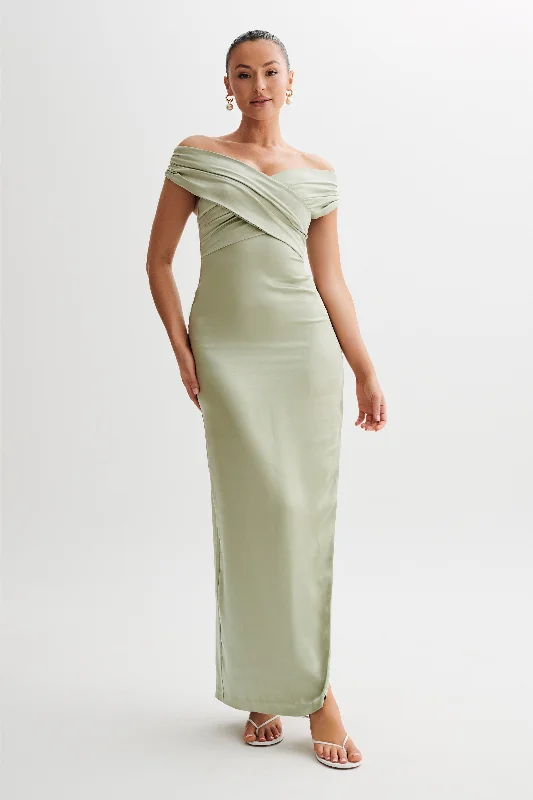 Women's maxi dress effortless grace -Harley Off Shoulder Satin Maxi Dress - Sage