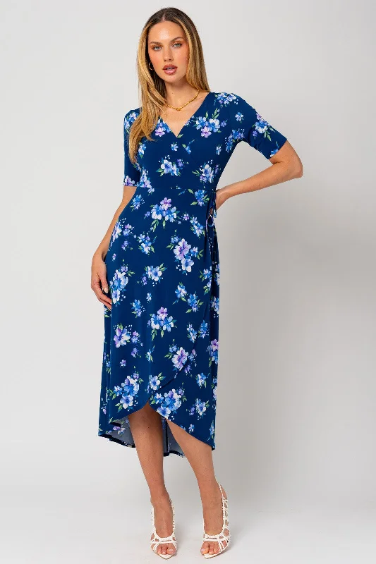 short sleeve abstract print dress -Navy Floral Short Sleeve Wrap Dress