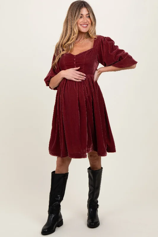 maternity sundress -Burgundy Velvet Sweetheart Button Accent Maternity Dress