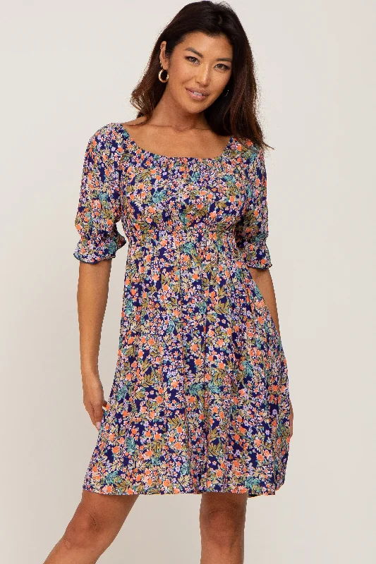 short sleeve layered mesh dress -Navy Floral Cinched Short Sleeve Dress