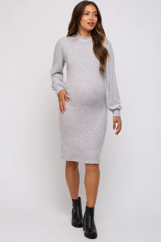 maternity chiffon dress -Heather Grey Ribbed Long Sleeve Mock Neck Maternity Dress