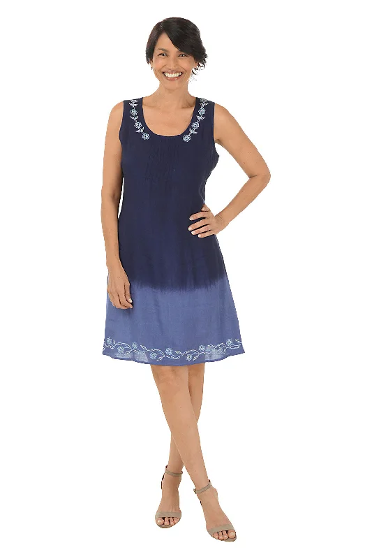 sleeveless contemporary dress -Navy Rhinestone Floral Ombre Sleeveless Dress