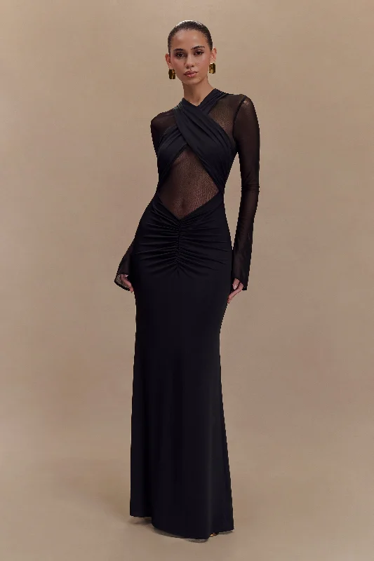 Women's maxi dress airy satin -Tania Slinky And Mesh Long Sleeve Maxi Dress - Black