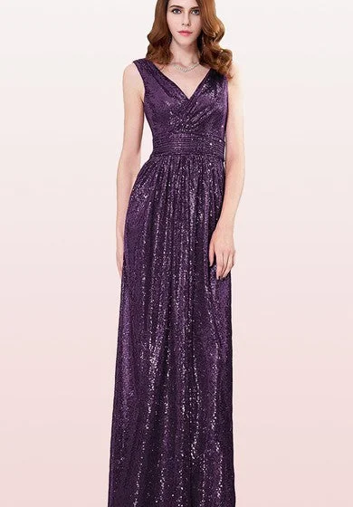 sleeveless ruffled hem dress -V-neck A Line Sleeveless Floor-length Sequins Bridesmaid Dress With Ruching