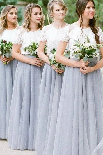 short sleeve breathable dress -Lace Tulle Floor-length A Line Short Sleeve Modest Bridesmaid Dress with Pleats