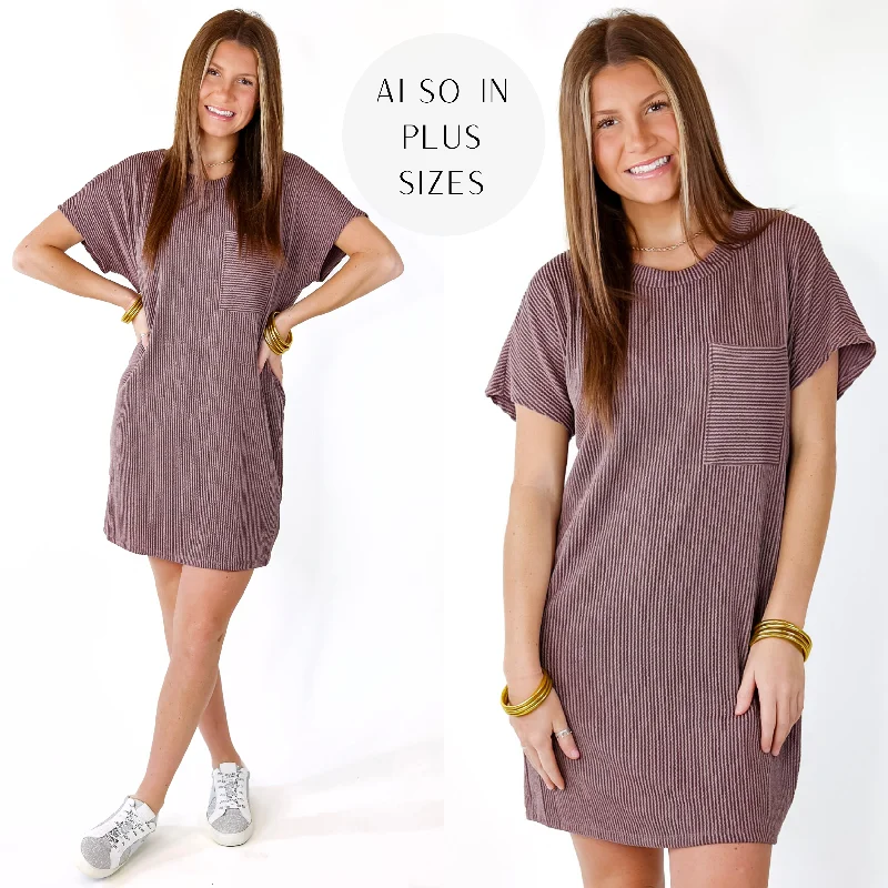 short sleeve lace trim dress -Coffee and Carefree Ribbed Short Sleeve Dress with Front Pocket in Brown