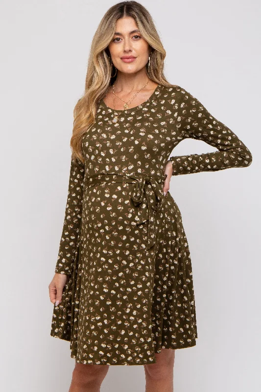 maternity halter neck dress -Olive Floral Soft Knit Long Sleeve Maternity Dress