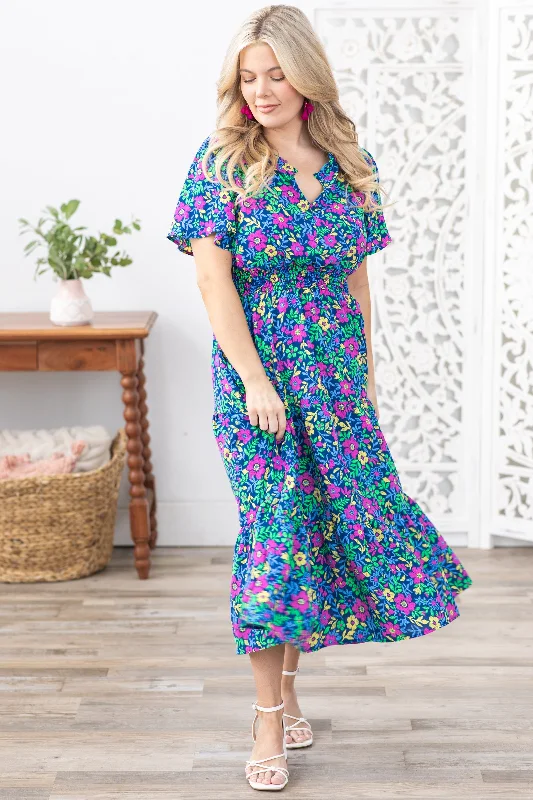 short sleeve slit dress -Navy Floral Notch Neck Short Sleeve Dress