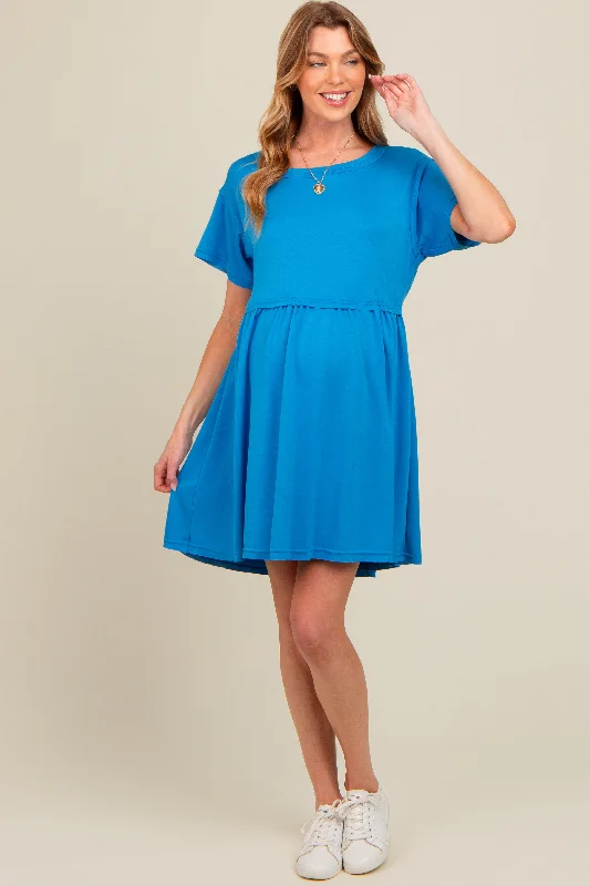 maternity pregnancy photoshoot dress -Royal Blue Cut Edge Short Sleeve Maternity Dress