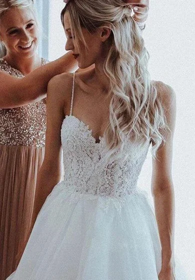 sleeveless draped cowl neck dress -Ethereal Spaghetti Lace and Tulle Ball Gown Floor-length Sleeveless Wedding Dress with Beading