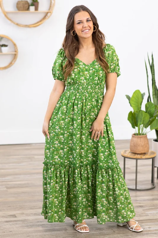 Women's maxi dress button slit -Green Multicolor Floral Puff Sleeve Maxi Dress