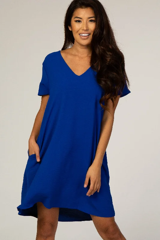 short sleeve city chic dress -Royal Blue V-Neck Short Sleeve Dress