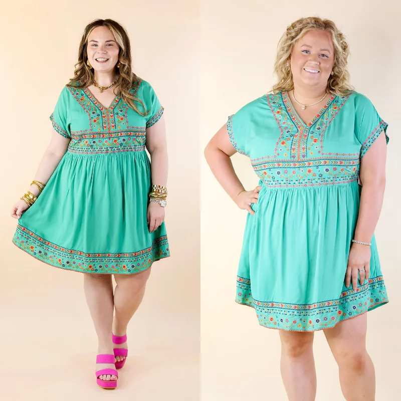 short sleeve timeless design dress -Passing Through V Neck Embroidered Dress with Short Sleeves in Mint Green