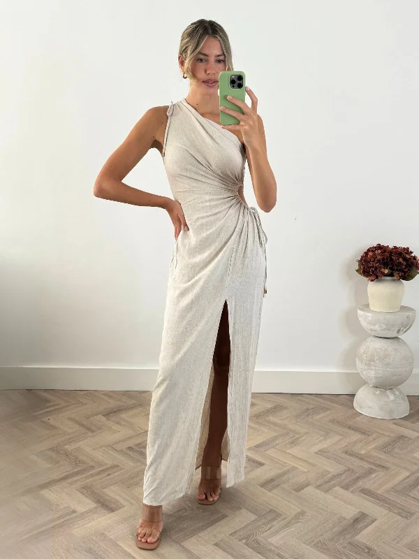 Women's maxi dress casual vibe -Jovie Cut Out Maxi Dress / Linen Oat