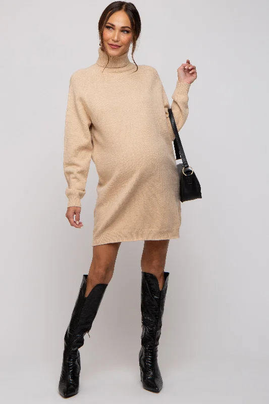 maternity maxi dress -Beige Knit Long Sleeve Turtleneck Maternity Sweater Dress