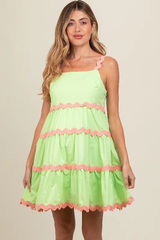 maternity long flowy maternity dress -Lime Contrast Trim Tiered Maternity Dress