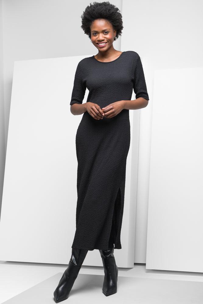 short sleeve work dress -Textured Short Sleeve Column Dress Black