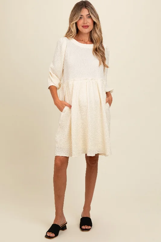 maternity empire cut dress -Cream Knit Ruffle Trim Maternity Dress