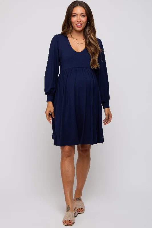 maternity off shoulder maxi dress -Navy Long Puff Sleeve Maternity Dress