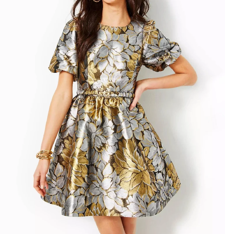 short sleeve comfy lounge dress -Priyanka Short Sleeve Floral Jacquard Dress In Gold Metallic Peony Parade Brocade