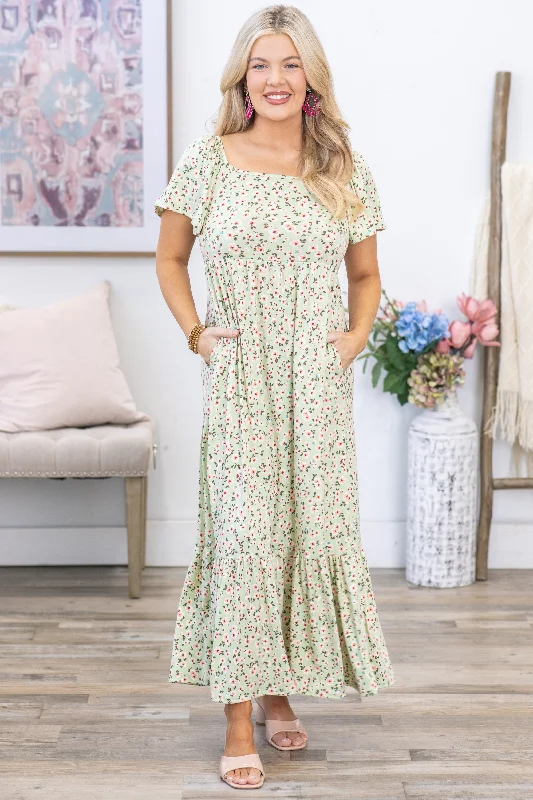 Women's maxi dress warm plaid -Sage Square Neck Floral Maxi Dress