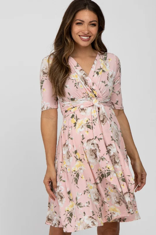 maternity fall dress -Light Pink Floral Waist Tie Maternity Dress