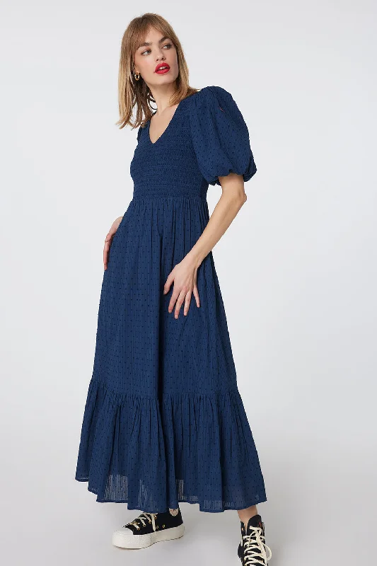 Women's maxi dress breezy stripe -Navy Dobby Self Stripe Shirred Puff Sleeve Maxi Dress