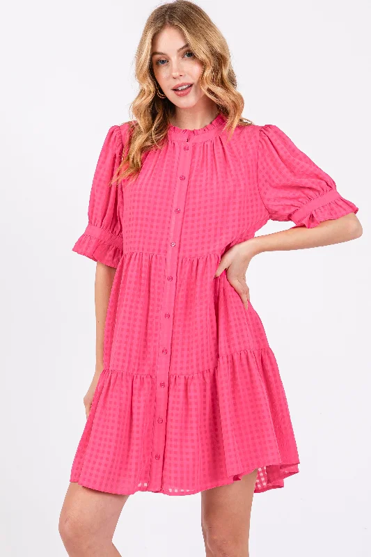 short sleeve streetwear dress -Fuchsia Buttoned Down Short Sleeve Dress