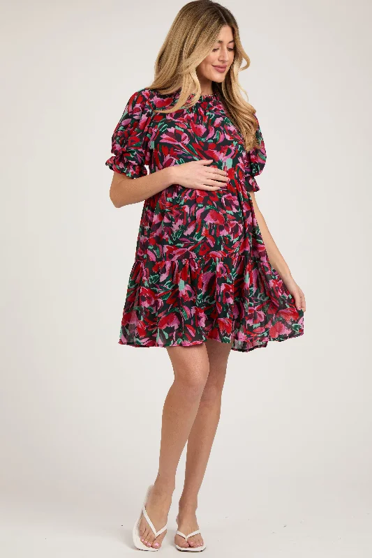 maternity versatile maternity dress -Black Abstract Floral Print Tiered Maternity Dress