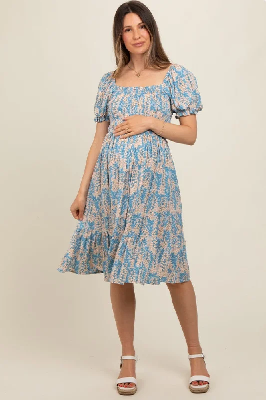 maternity simple dress -Blue Floral Puff Sleeve Smocked Chest Maternity Dress