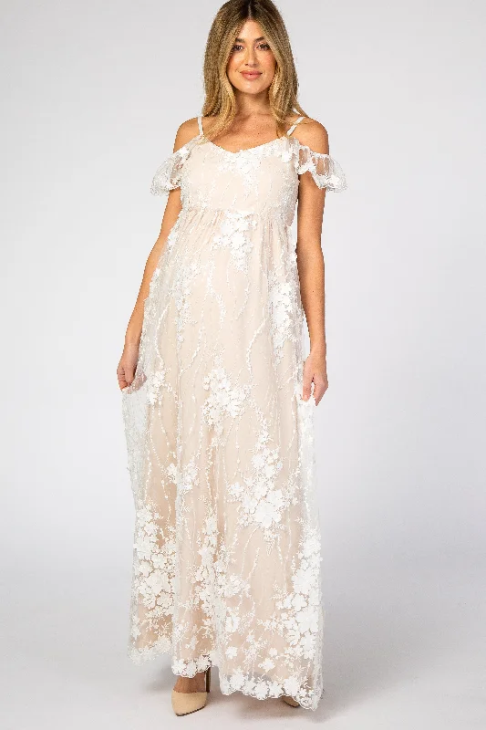 maternity stretch dress -Ivory Floral Embroidered Mesh Maternity Evening Gown