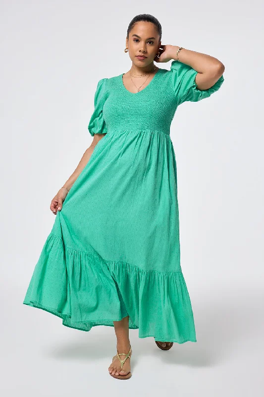 Women's maxi dress subtle plaid -Mint Green Dobby Self Stripe Shirred Puff Sleeve Maxi Dress