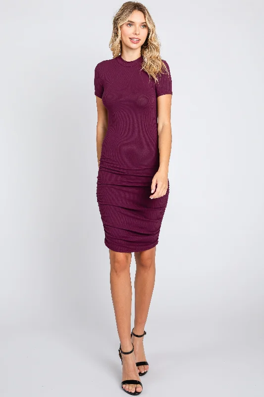 short sleeve soft cotton dress -Plum Ribbed Ruched Short Sleeve Dress