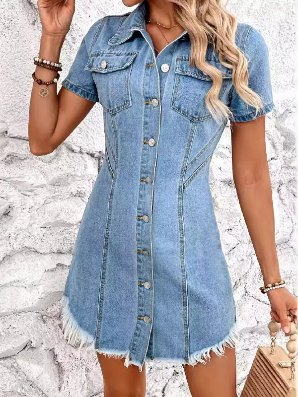 short sleeve belted dress -Raw Hem Button Up Short Sleeve Denim Dress