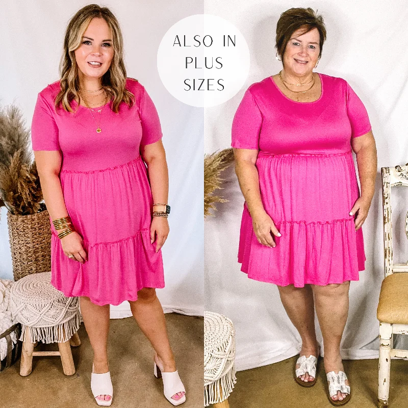 short sleeve lightweight vacation dress -A Night to Remember Ruffle Tiered Short Sleeve Dress in Fuchsia Pink