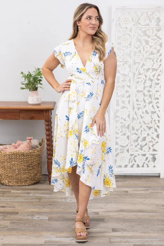 Women's maxi dress breathable check -White and Yellow Floral High Low Maxi Dress