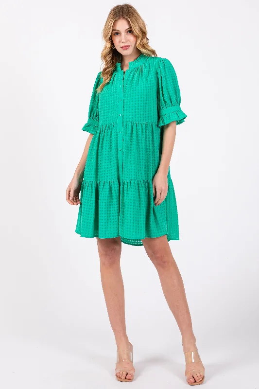 short sleeve comfy lounge dress -Green Buttoned Down Short Sleeve Dress