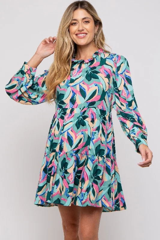 maternity knee length work dress -Teal Floral Ruffle Mock Neck Maternity Dress