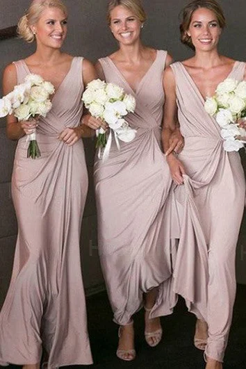 sleeveless gray dress -Jersey Floor-length A Line Sleeveless Casual Bridesmaid Dress with Ruching and Pick Up