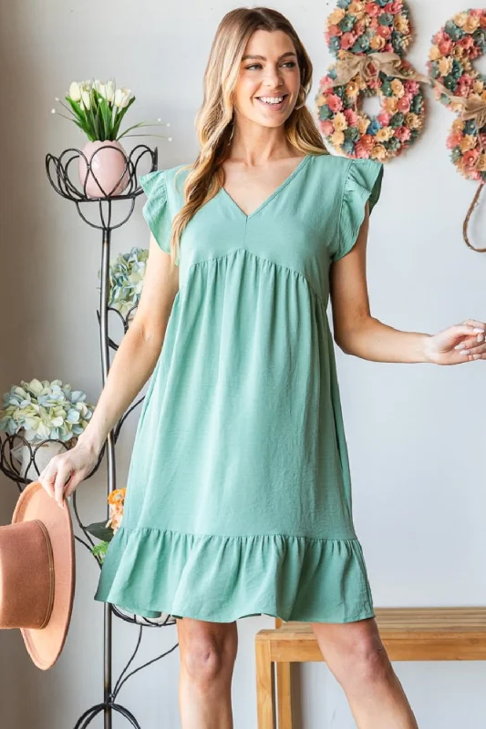 short sleeve one-shoulder dress -Heimish Full Size Short Sleeve V Neck Ruffled Hem Dress