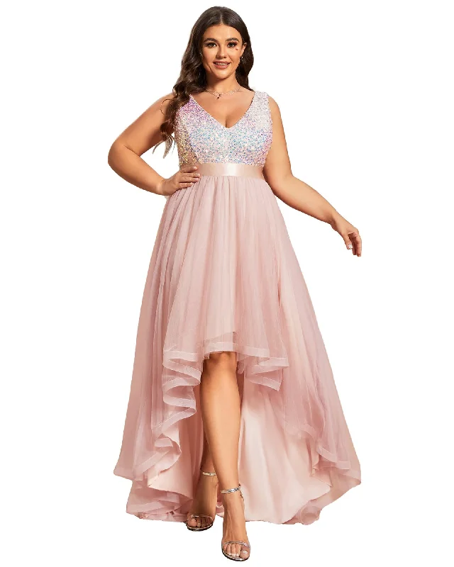 sleeveless breezy dress -Sleeveless Sequin Ribbon Waist Tulle High Low Evening Dress | Pink