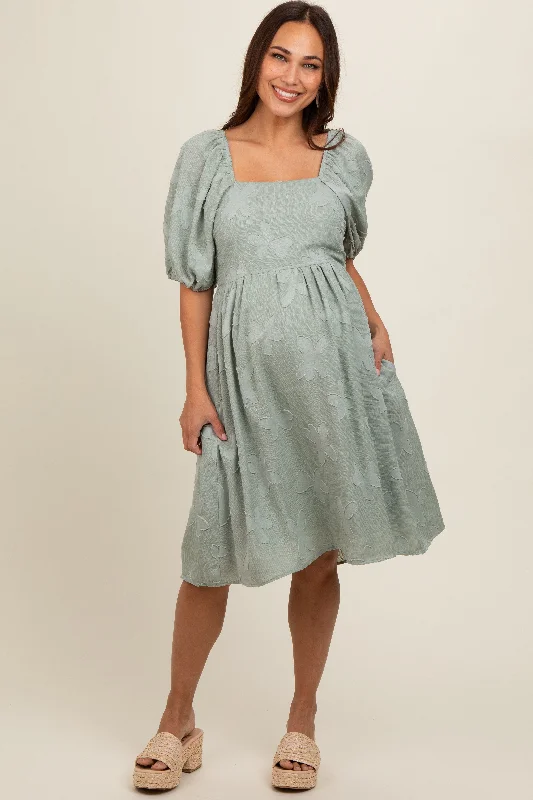 maternity non see through dress -Sage Textured Floral Square Neck Puff Sleeve Maternity Dress