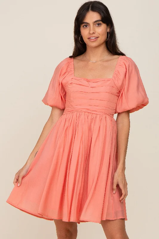 short sleeve unique design dress -Salmon Square Neck Puff Short Sleeve Dress