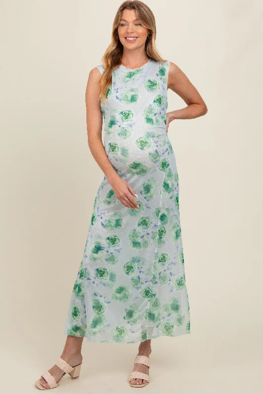 maternity fall dress -Light Blue Rose Print Ruched Mesh Maternity Dress