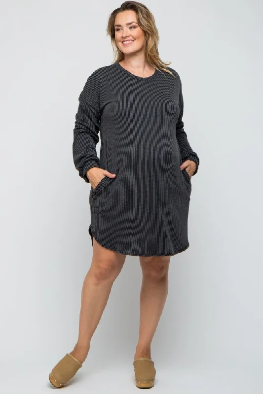 maternity fitted evening gown -Charcoal Rib Knit Long Sleeve Maternity Plus Dress