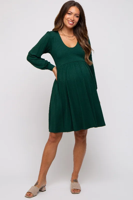 maternity comfortable office dress -Forest Green Long Puff Sleeve Maternity Dress