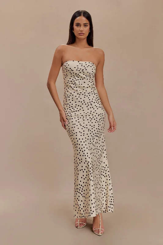 Women's maxi dress high neckline -Claudette Strapless Satin Maxi Dress - Polka Dot Print