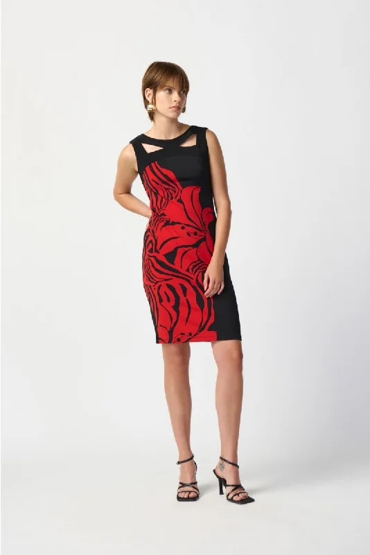 sleeveless button-down dress -Joseph Ribkoff Black/Red Two-Tone Floral Print Sleeveless Sheath Dress 241210