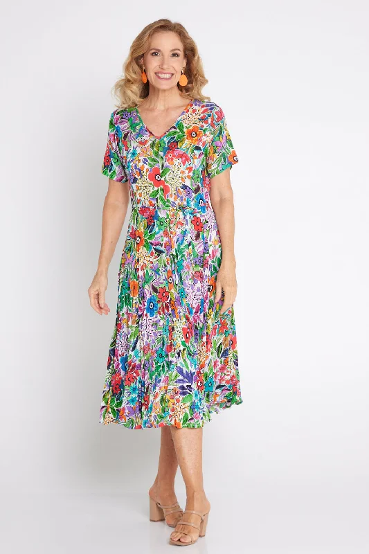 short sleeve layered dress -Short Sleeve Godet Dress - Welwyn Floral